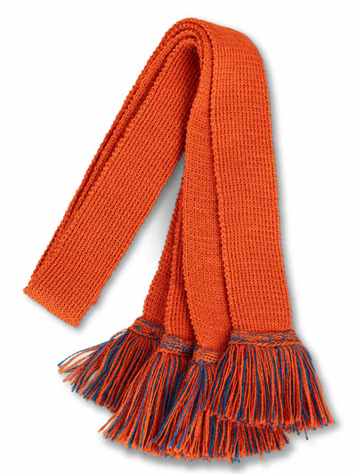 Knitted sock garter ties with fringe in orange and blue