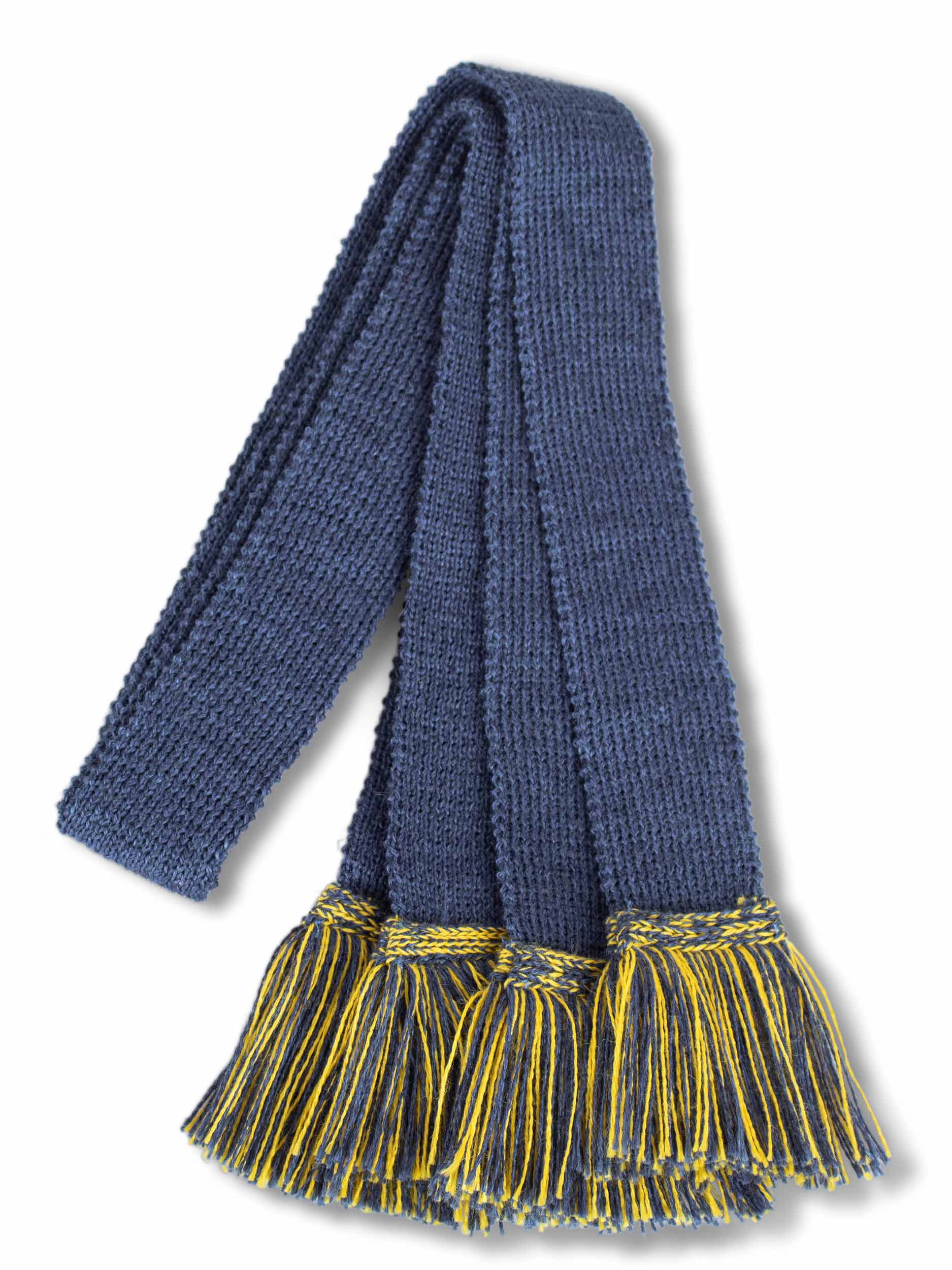 Knitted sock garter ties with fringe in mid blue and yellow