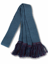 Knitted sock garter ties with fringe in mid blue with navy and burgundy
