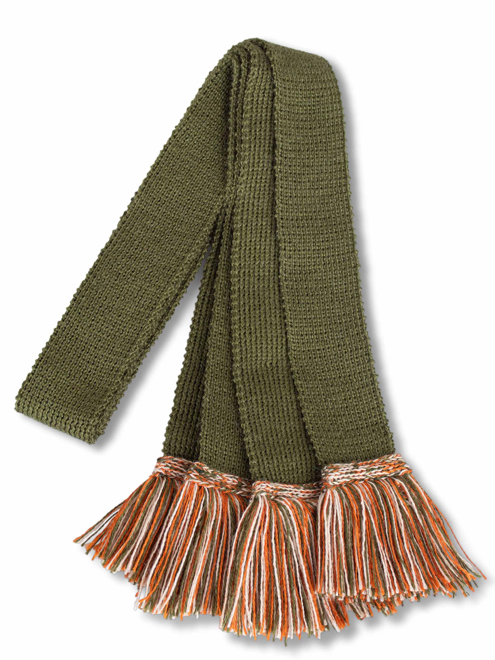 Knitted sock garter ties with fringe in mid green, orange and linen