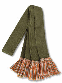 Knitted sock garter ties with fringe in mid green, orange and linen