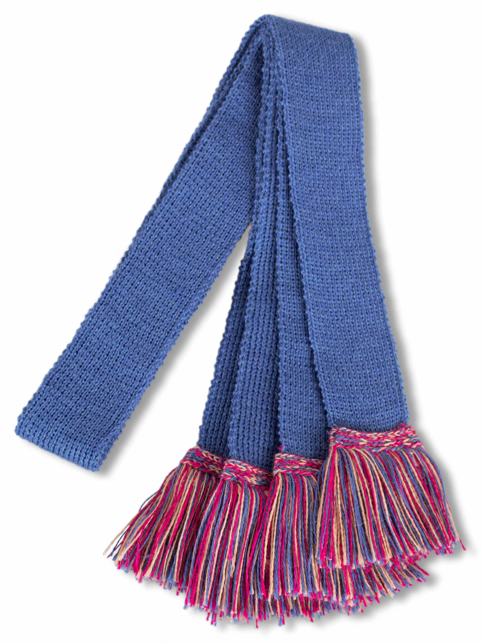 Knitted sock garter ties with fringe in blue with pink and camel