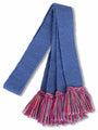 Knitted sock garter ties with fringe in blue with pink and camel