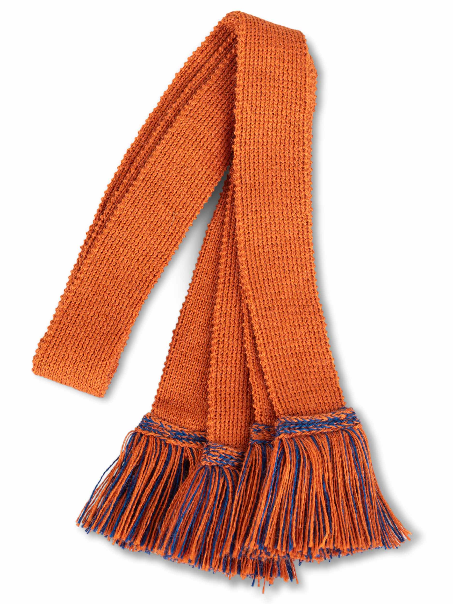 Knitted sock garter ties with fringe in orange and bright blue