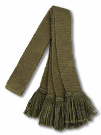Knitted sock garter ties with fringe in mid khaki and green