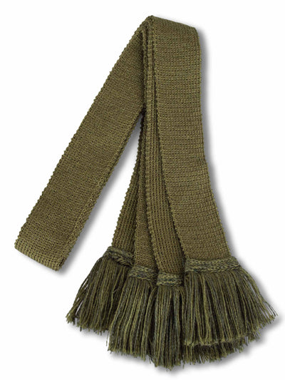 Knitted sock garter ties with fringe in mid khaki and green