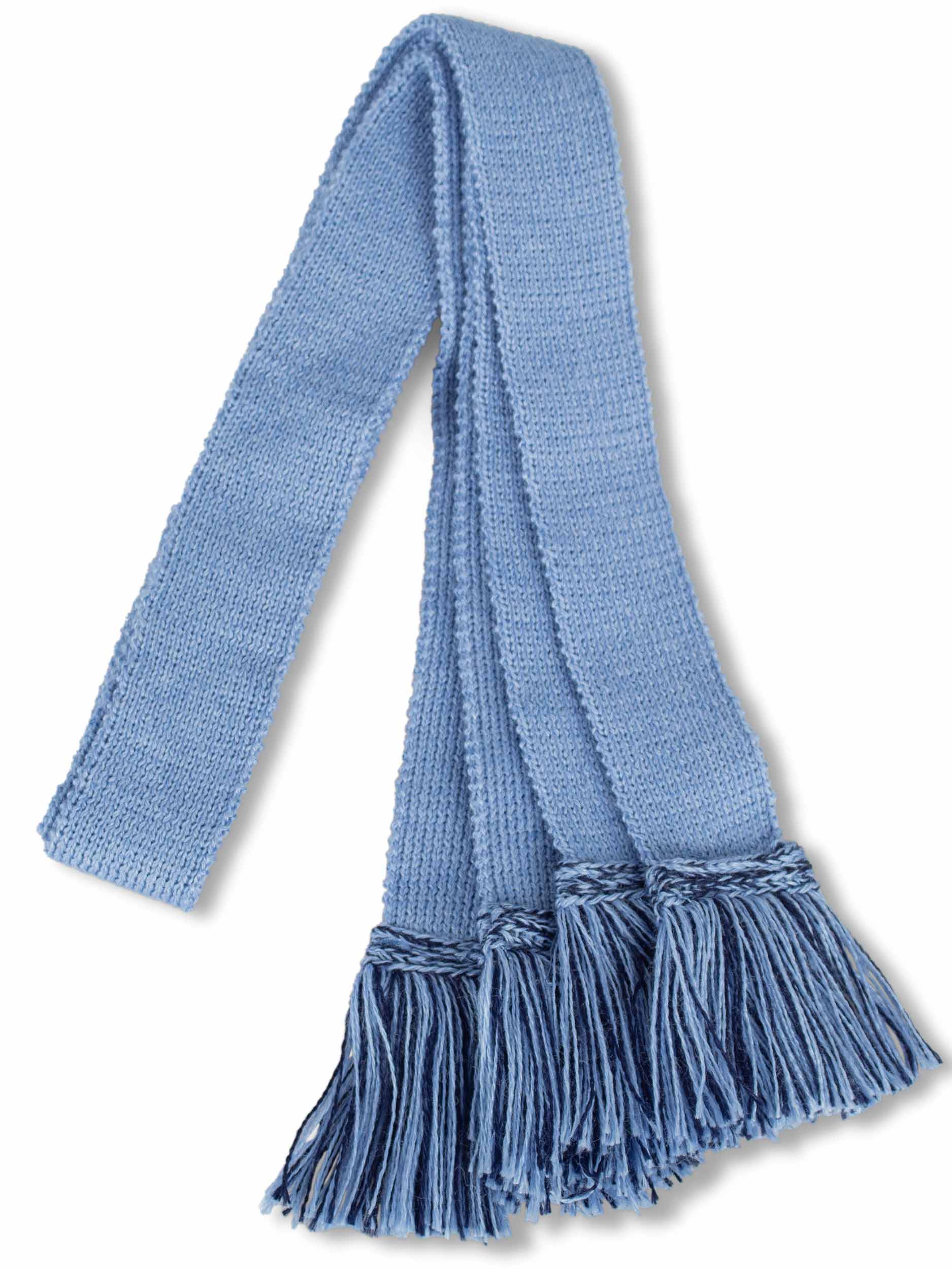 Knitted sock garter ties with fringe in sky blue and navy