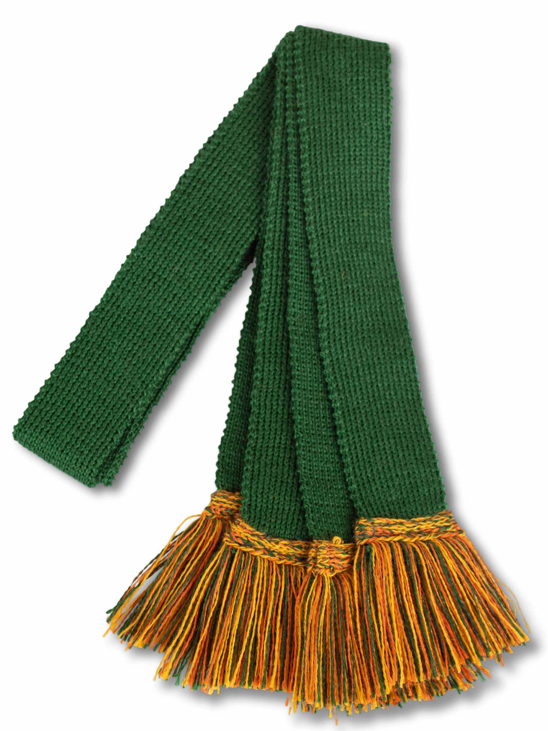 Knitted sock garter ties with fringe in bright green and orange and gold