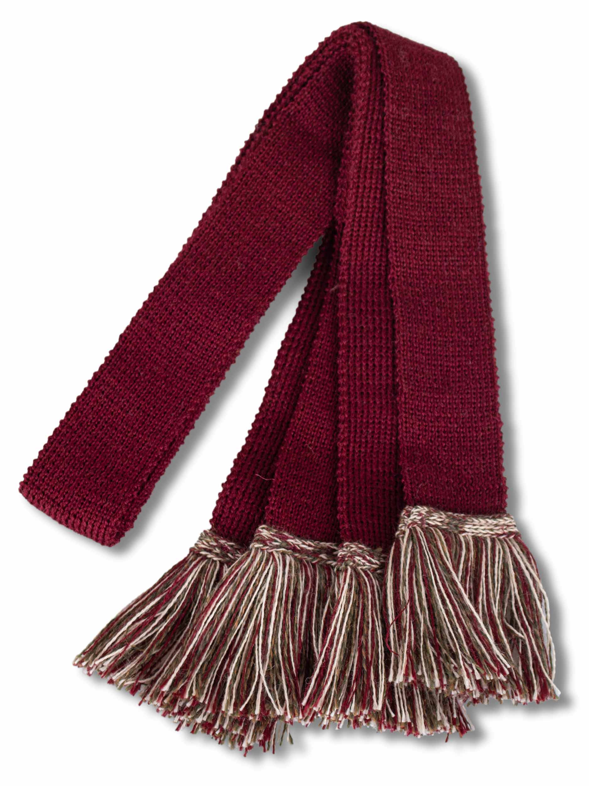Knitted sock garter ties with fringe in burgundy, oatmeal and bracken