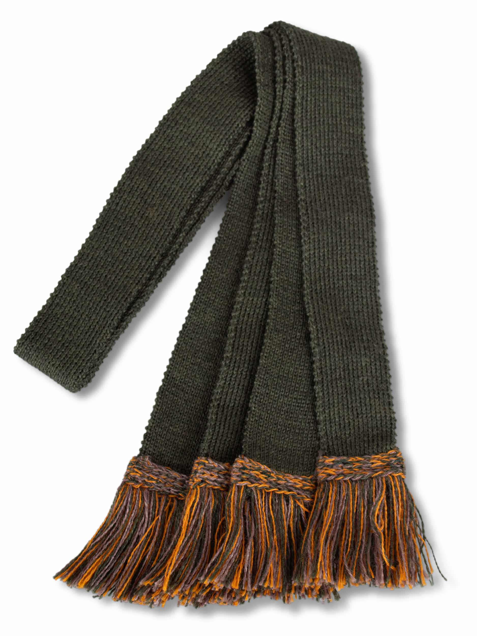 Knitted sock garter ties with fringe in dark green with brown and gold