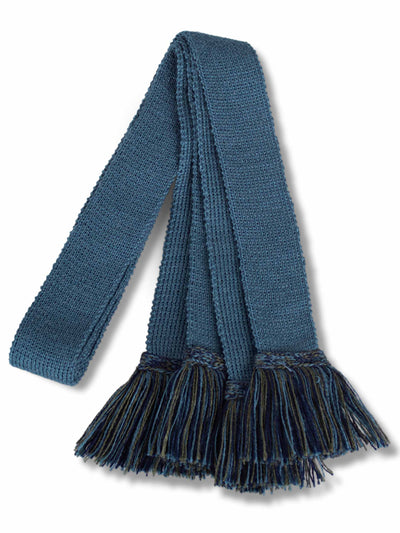 Knitted sock garter ties with fringe in mid blue, navy and green