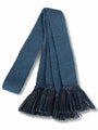 Knitted sock garter ties with fringe in mid blue, navy and green
