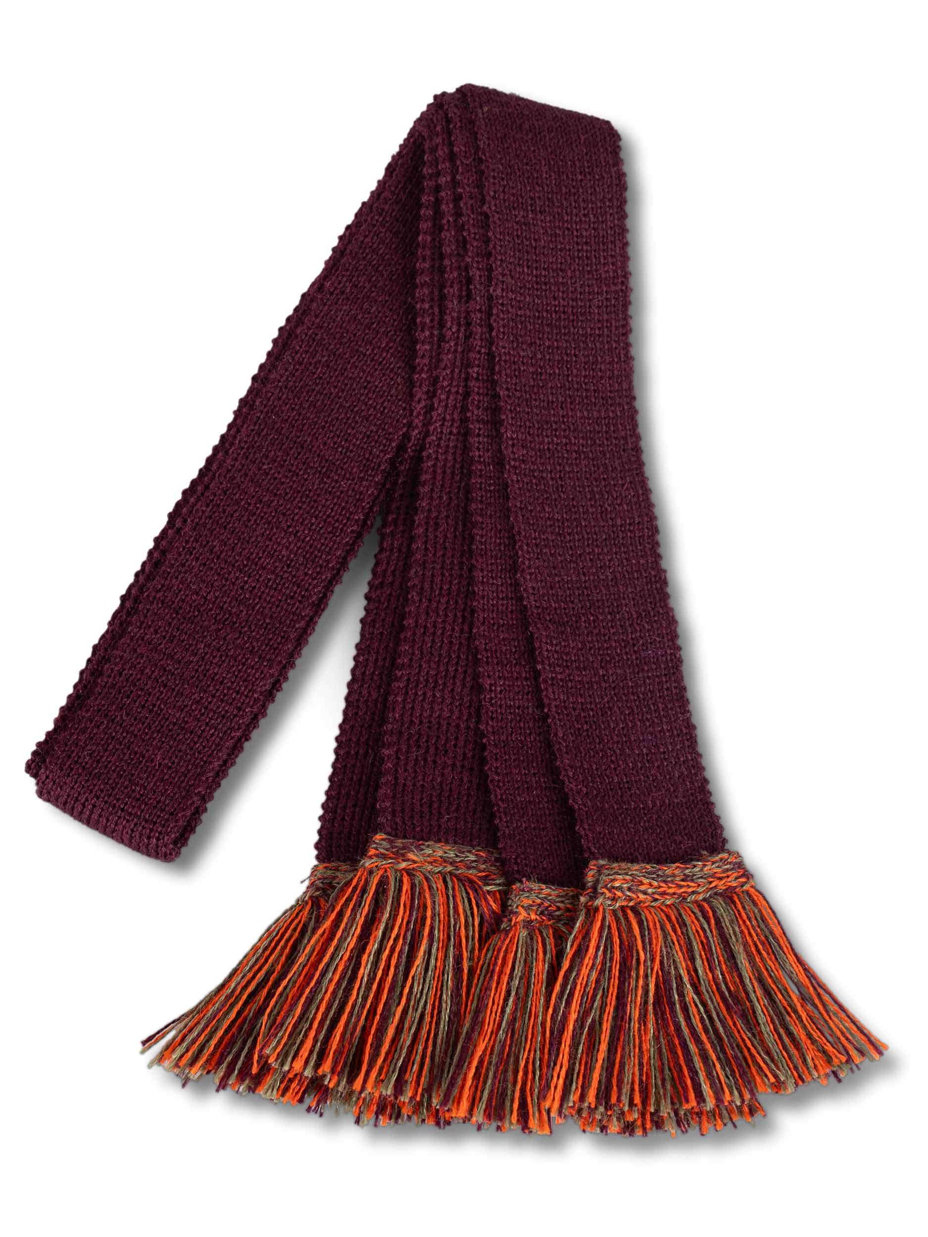 Knitted sock garter ties with fringe in deep burgundy with green and orange