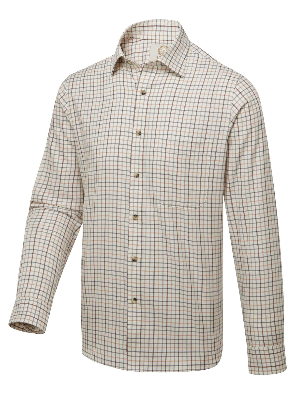 A long-sleeve button-up shirt with a beige and brown checkered pattern, displayed on a clean neutral background.