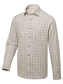 A long-sleeve button-up shirt with a beige and brown checkered pattern, displayed on a clean neutral background.
