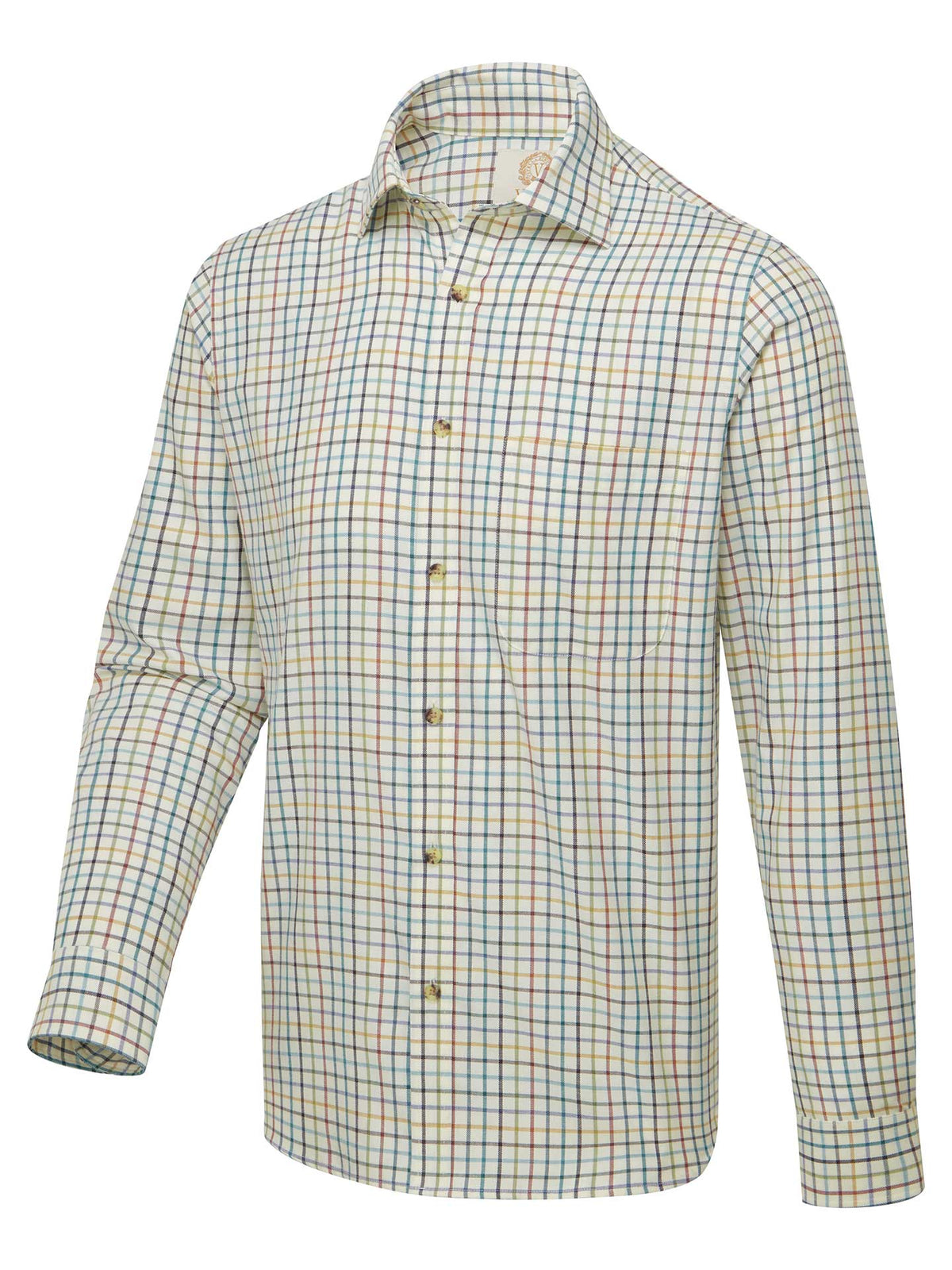 A men's long-sleeve button-down shirt with a multicolor plaid pattern on a cream base, featuring thin lines of blue, green, and orange.