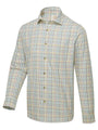 A men's long-sleeve button-down shirt with a multicolor plaid pattern on a cream base, featuring thin lines of blue, green, and orange.