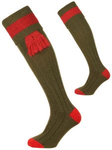 Pennine Byron Shooting Sock, Olive and Ruby with optional garter