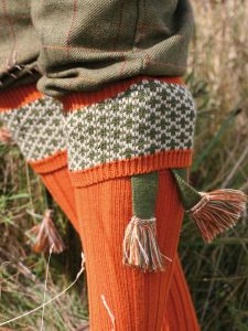 The Whitley Shooting Sock with Garter, Burnt Orange with Vert & Oatmeal