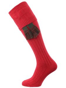 The Berrington Cotton Cable Knit Shooting Sock with optional garter, Hollyberry Red