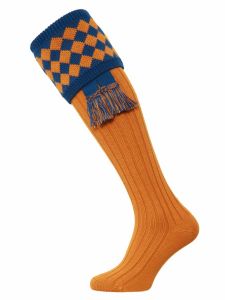 The Fownhope Shooting Sock with Garter - Ochre & Mid Blue