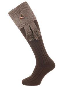 The Lomond Shooting Sock with Pheasant Embroidery - Dark Natural & Bison