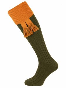 The Lomond Shooting Sock, Spruce and Ochre with optional garter