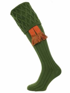 The Rannoch Lattice Knit Shooting Sock in Ivy Green with optional Burnt Orange garter