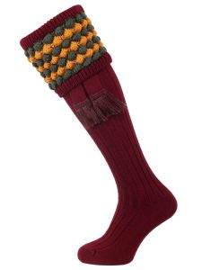 The Angus Shooting Sock, Burgundy with Ochre and Spruce