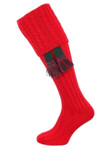 The Harris Wide Calf Shooting Sock, Brigade Red with optional Forest garter