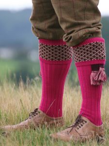 The Whitley Shooting Sock with Matching Garter in Fuchsia, Rioja & Camel