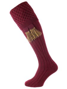 The Chelsea Merino Wool Shooting Sock with optional garter. Burgundy