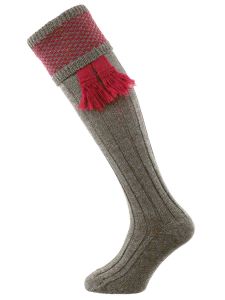 The Penrith Shooting Sock, Derby Tweed & Cherry with optional Cherry Garter