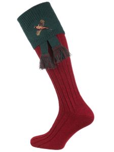 The Lomond Shooting Sock with Pheasant Embroidery, Cherry & Forest with optional garter