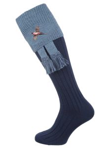 The Lomond Shooting Sock with Embroidery, Navy & Blue Mix