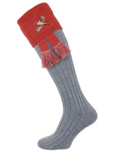 The Lomond Shooting Sock with Pheasant Embroidery, Mid Grey & Paprika with optional garter