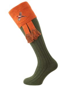 The Lomond Embroidered Shooting Sock, Spruce & Burnt Orange Pheasant