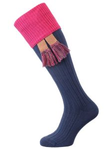 The Tarrington Cotton Contrast Shooting Sock, Cornflower Blue & Clematis with optional garter