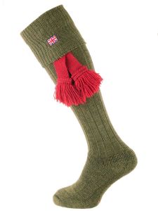 The Union Jack Cushioned Foot Shooting Sock, Light Olive with optional ruby garter