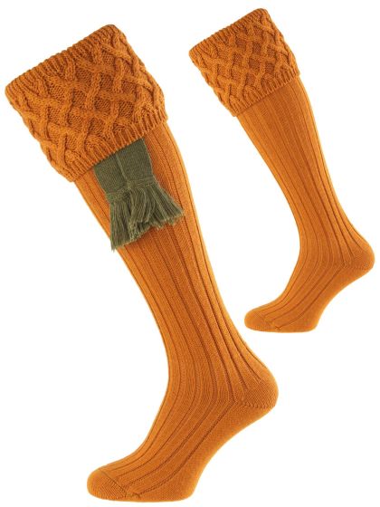 The Rannoch Lattice Knit Shooting Sock in Ochre with optional Dark Olive garter