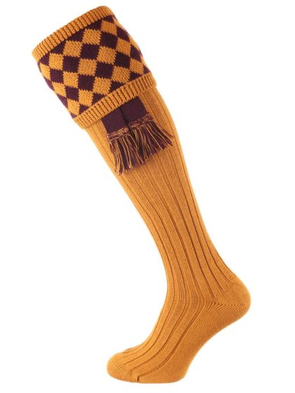 The Chessboard Shooting Sock, Ochre & Mulberry with optional garter