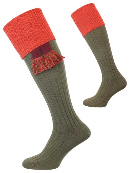 The Tarrington Cotton Shooting Sock, Avocado Green & Copper, with optional Garter