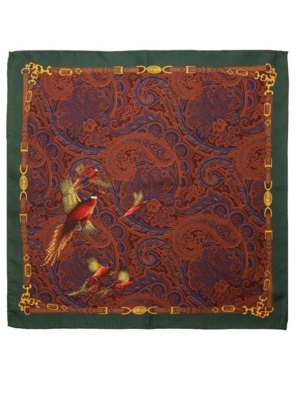 Atkinsons Pheasant Silk Pocket Square, available in dark olive, burgundy and navy.
