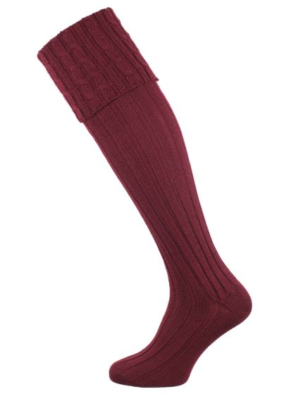 The Harris Extra Long Leg Cable Top Shooting Sock, available in Burgundy or Spruce