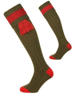 Pennine Byron Shooting Sock, Olive and Ruby with optional garter