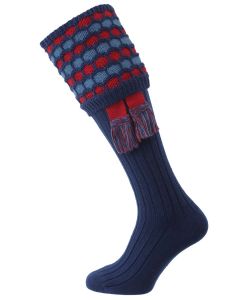 The "Big Bee" Honeycomb Sock with Garter, Navy, Cranberry & Ancient Blue