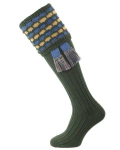 The "Big Bee" Honeycomb Sock with Garter, Spruce, Blue Mix & Camel
