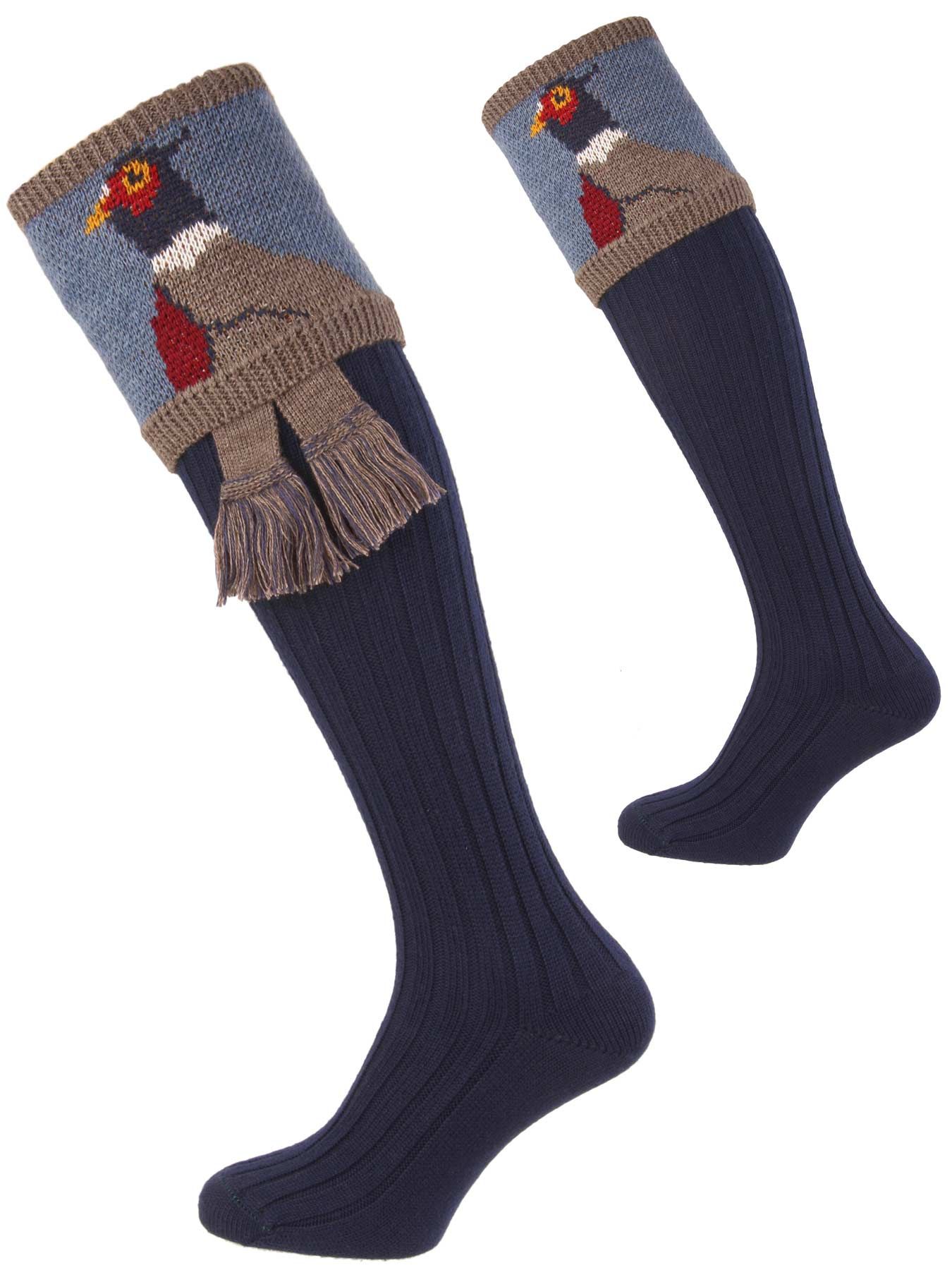 EXTRA LONG GAME SHOOTING BREEK WELLY SOCKS & GARTERS WITH EMBROIDERED PHEASANT